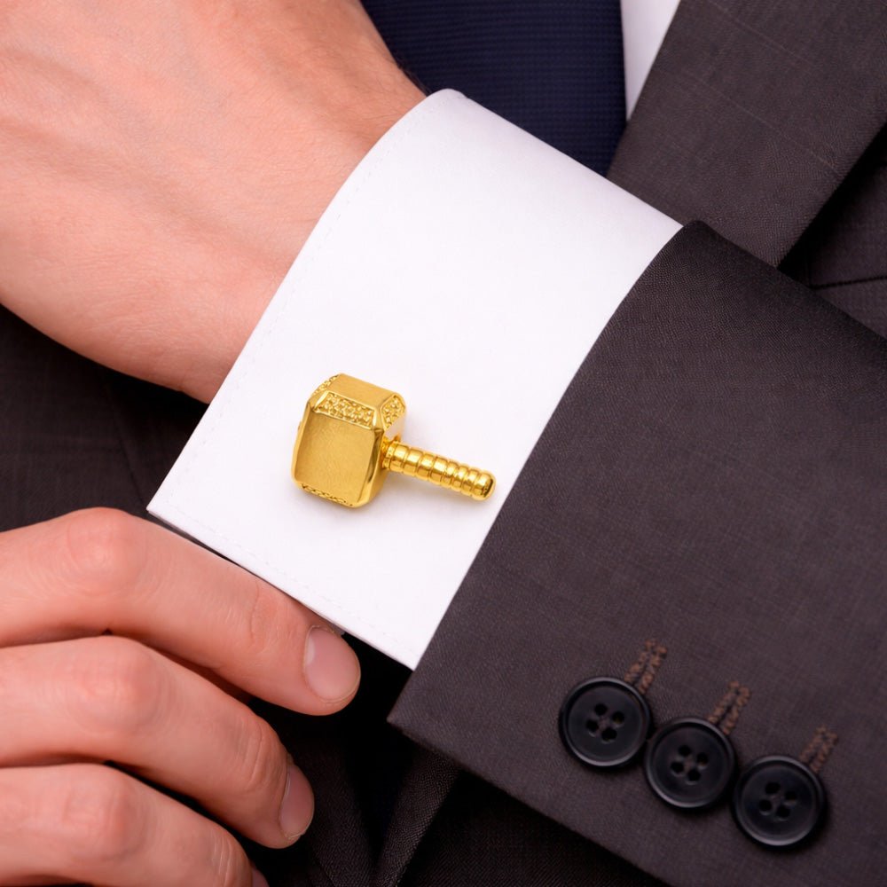 Thor Hammer Mjolnir Cufflinks, Gold Tone, Metal, Novelty Superhero Theme, Set of 2
