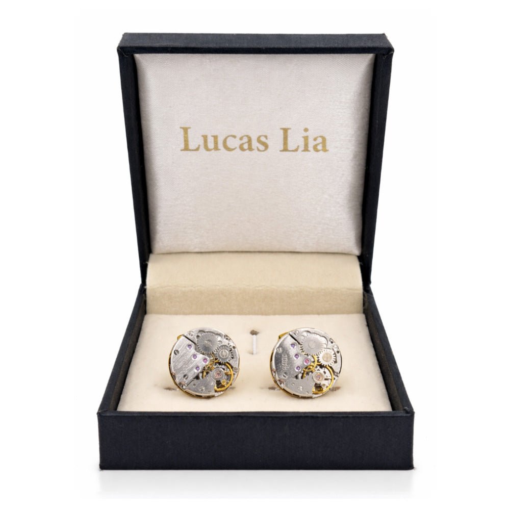 Vintage Watch Movement Cufflinks, Round, Gold and Silver Tone, Steampunk Style, Men's Formal Accessory