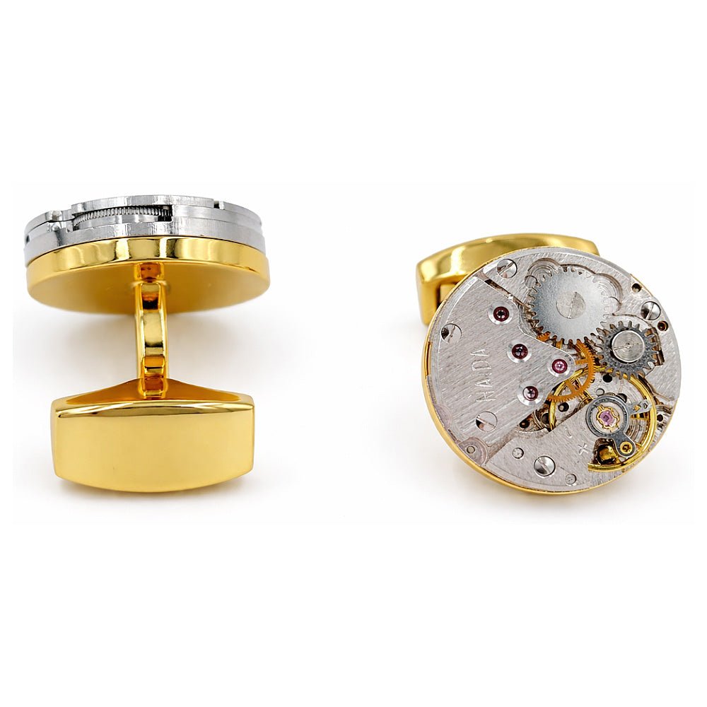 Vintage Watch Movement Cufflinks, Round, Gold and Silver Tone, Steampunk Style, Men's Formal Accessory