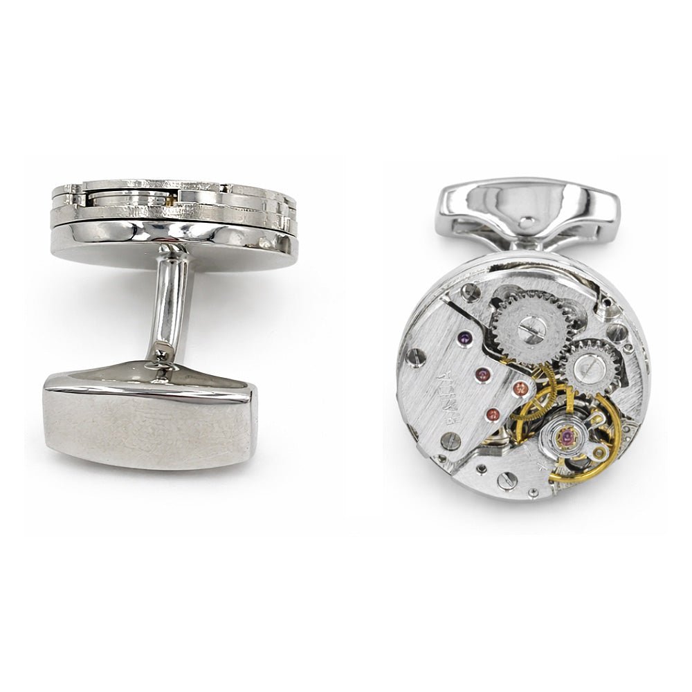 Vintage Watch Movement Cufflinks, Round, Gold and Silver Tone, Steampunk Style, Men's Formal Accessory