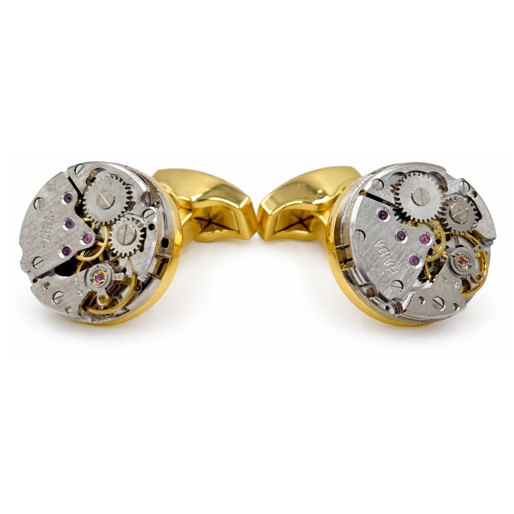 Vintage Watch Movement Cufflinks, Round, Gold and Silver Tone, Steampunk Style, Men's Formal Accessory