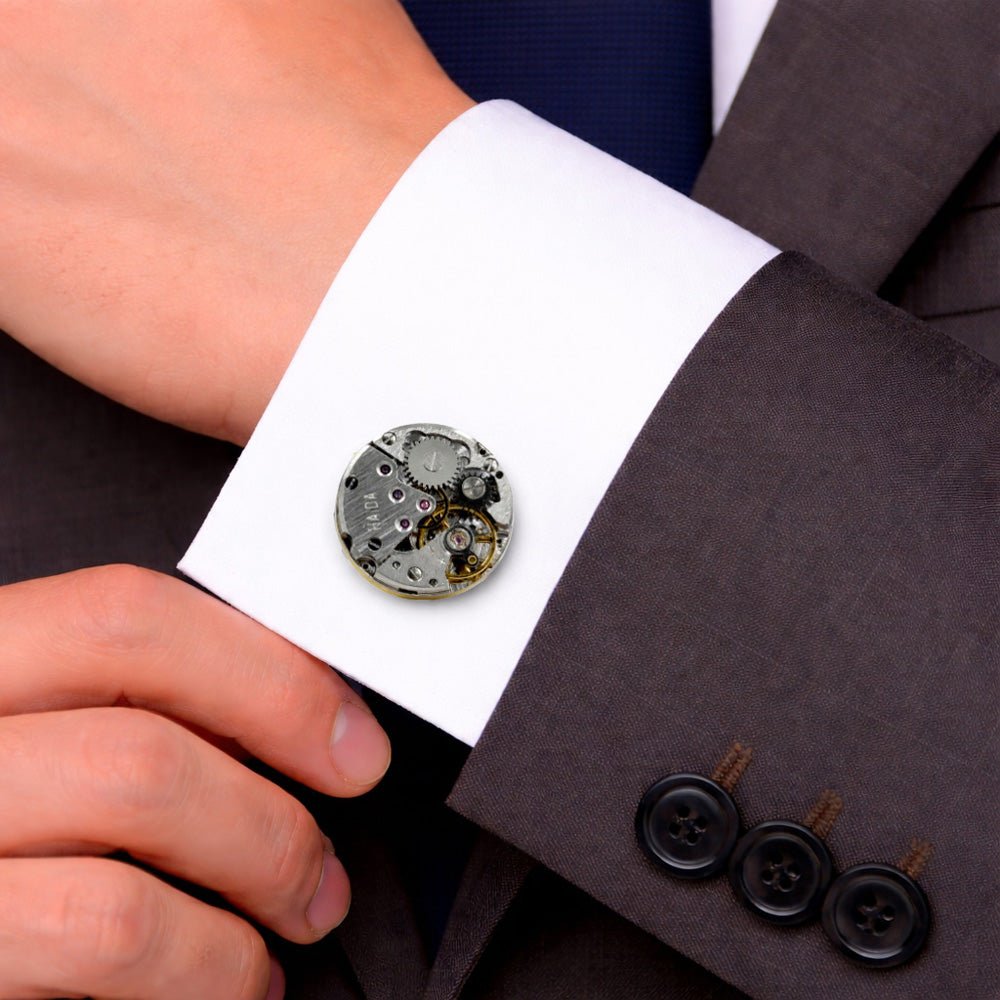 Vintage Watch Movement Cufflinks, Round, Gold and Silver Tone, Steampunk Style, Men's Formal Accessory