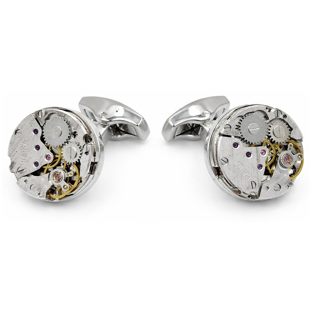Vintage Watch Movement Cufflinks, Round, Gold and Silver Tone, Steampunk Style, Men's Formal Accessory