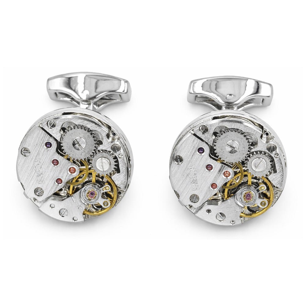 Vintage Watch Movement Cufflinks, Round, Gold and Silver Tone, Steampunk Style, Men's Formal Accessory