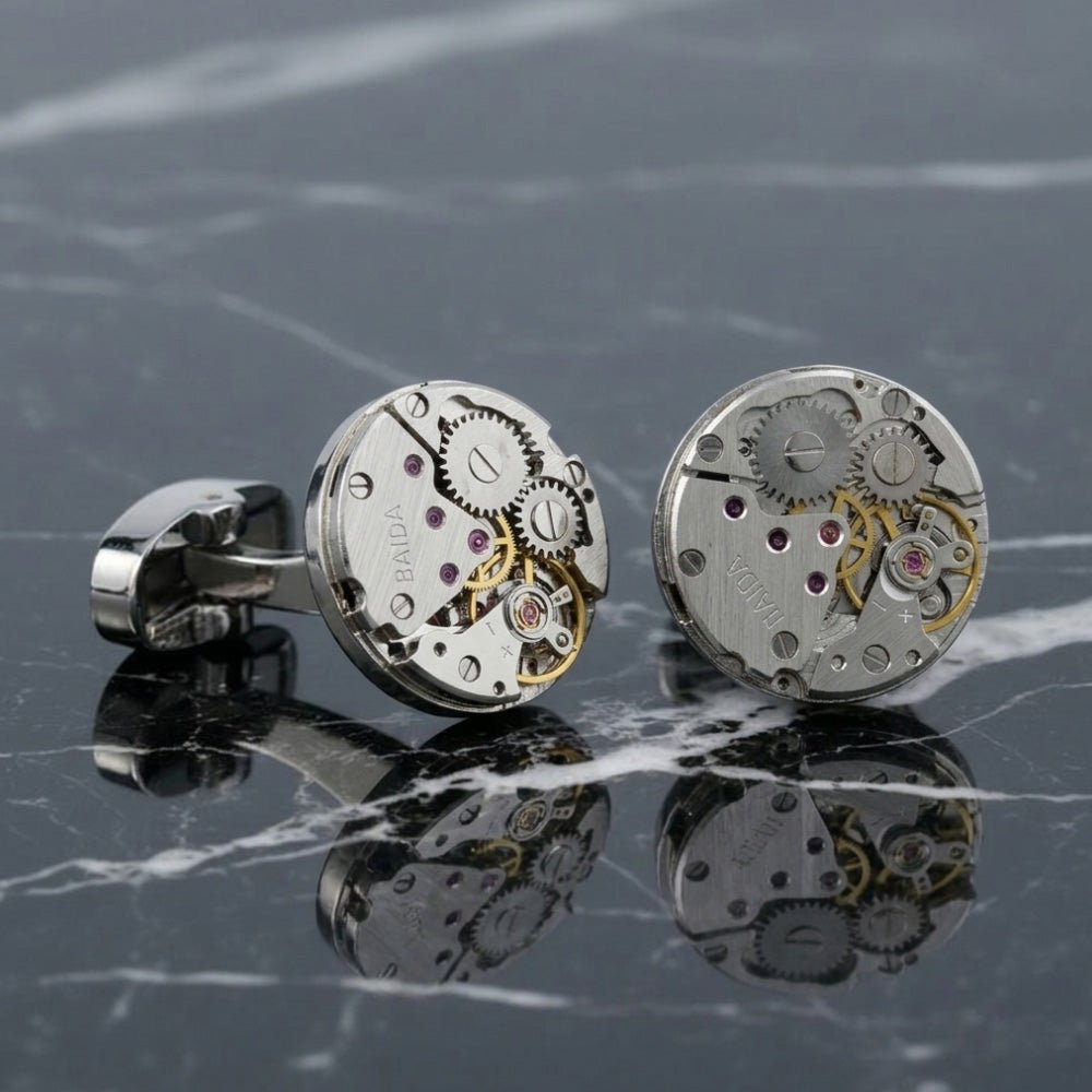 Vintage Watch Movement Cufflinks, Round, Gold and Silver Tone, Steampunk Style, Men's Formal Accessory