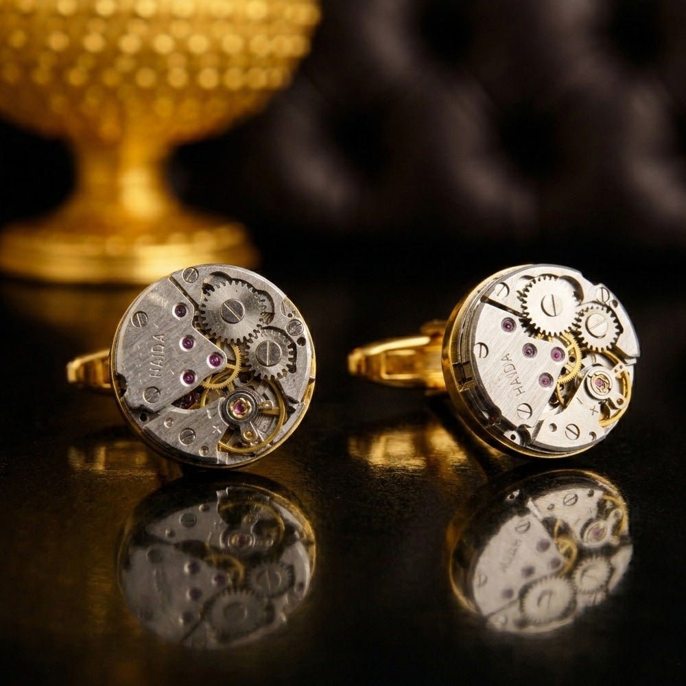 Vintage Watch Movement Cufflinks, Round, Gold and Silver Tone, Steampunk Style, Men's Formal Accessory