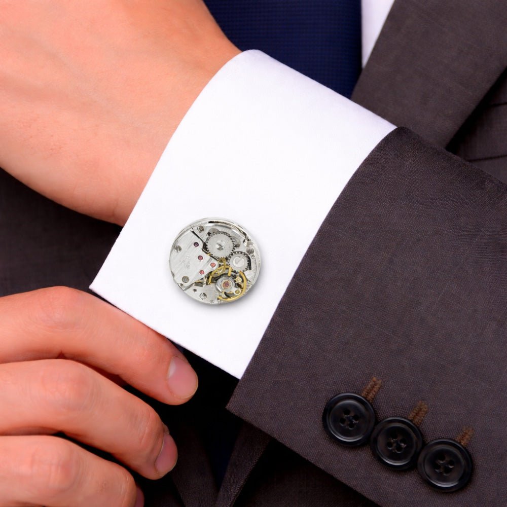 Vintage Watch Movement Cufflinks, Round, Gold and Silver Tone, Steampunk Style, Men's Formal Accessory